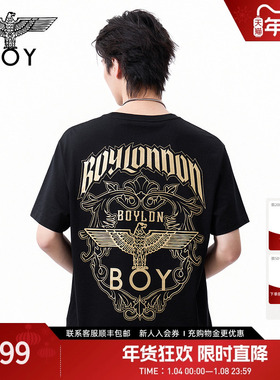 BOYLONDON烫金黑色休闲时尚街头潮牌短袖夏季男女同款T恤N01059