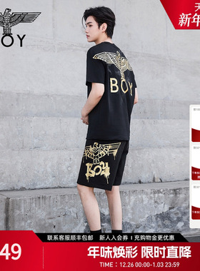 BOYLONDON春夏情侣款短袖烫金老鹰logo羽毛印花T恤N01800