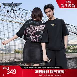 印花潮牌针织短袖 BOYLONDON春夏情侣款 T恤N01911 黑粉风暴