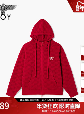 BOYLONDON新春红仿貂毛连帽拉链款毛衣开衫男女新款外套N64909