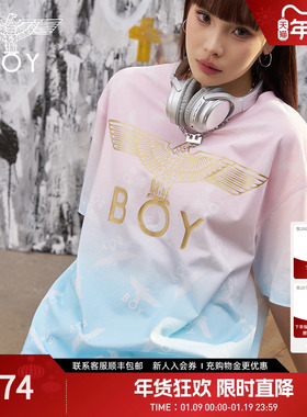 【西柚果茶】BOYLONDON蓝粉渐变潮牌短袖夏季男女同款T恤N01090