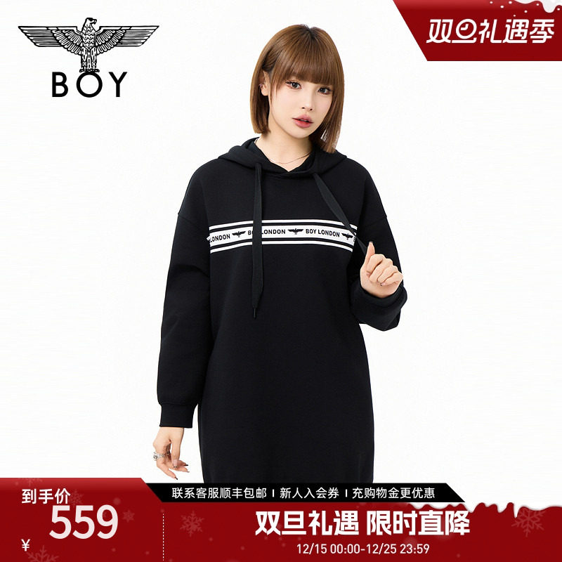 BOYLONDON25女款简约黑色印花经典时尚潮牌休闲长袖连衣裙