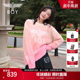 BOYLONDON情侣款 N60023 毛衣渐变粉色枫叶提花设计感针织衫