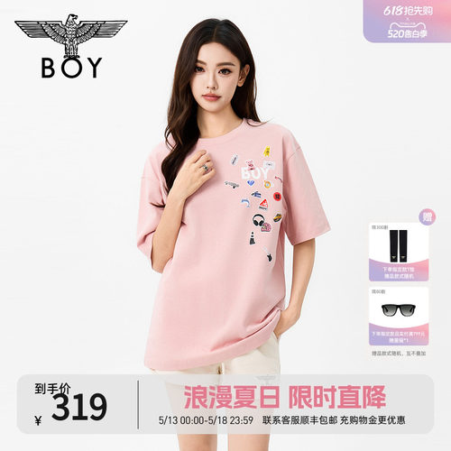 BOYLONDON2026夏季新款活力樱花粉纯棉短袖男女款休闲T恤N01189