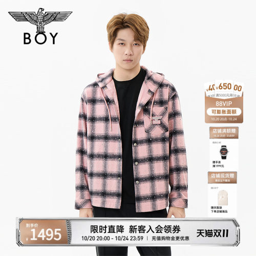 BOYLONDON烫钻格纹连帽长袖衬衫男女款26秋冬新款休闲外套N21029