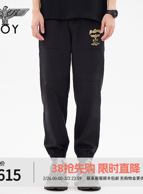 BOYLONDON春季男女同款长裤黑金绣花宽松舒适束脚裤N34804