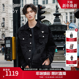 新款 BOYLONDON2025春季 刺绣翻领水洗牛仔外套N50008 暗纹羽迹