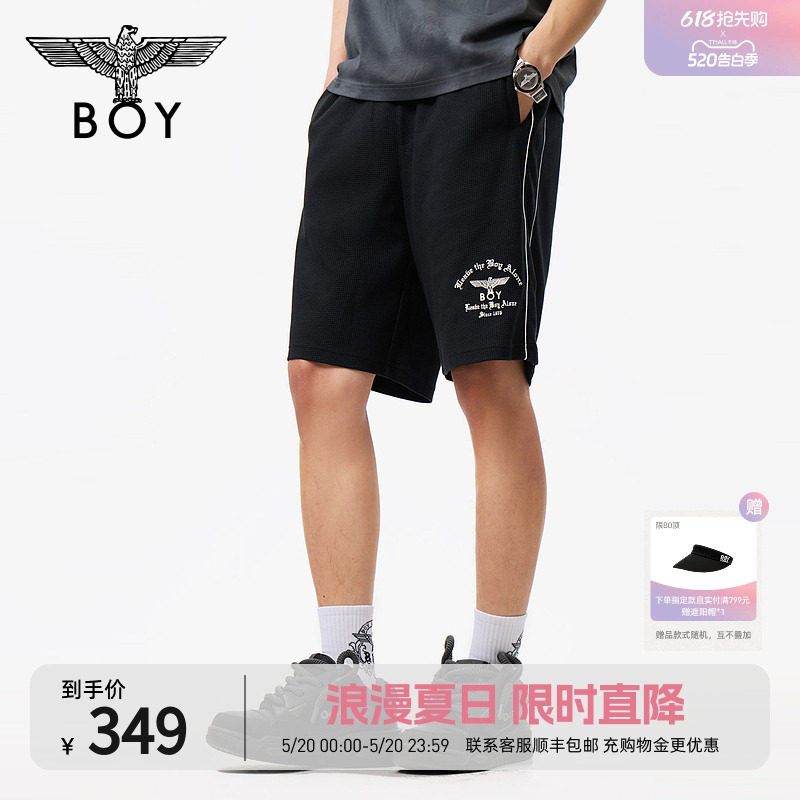 BOYLONDON夏季男女同款刺绣重磅休闲潮牌运动风抽绳中裤N1