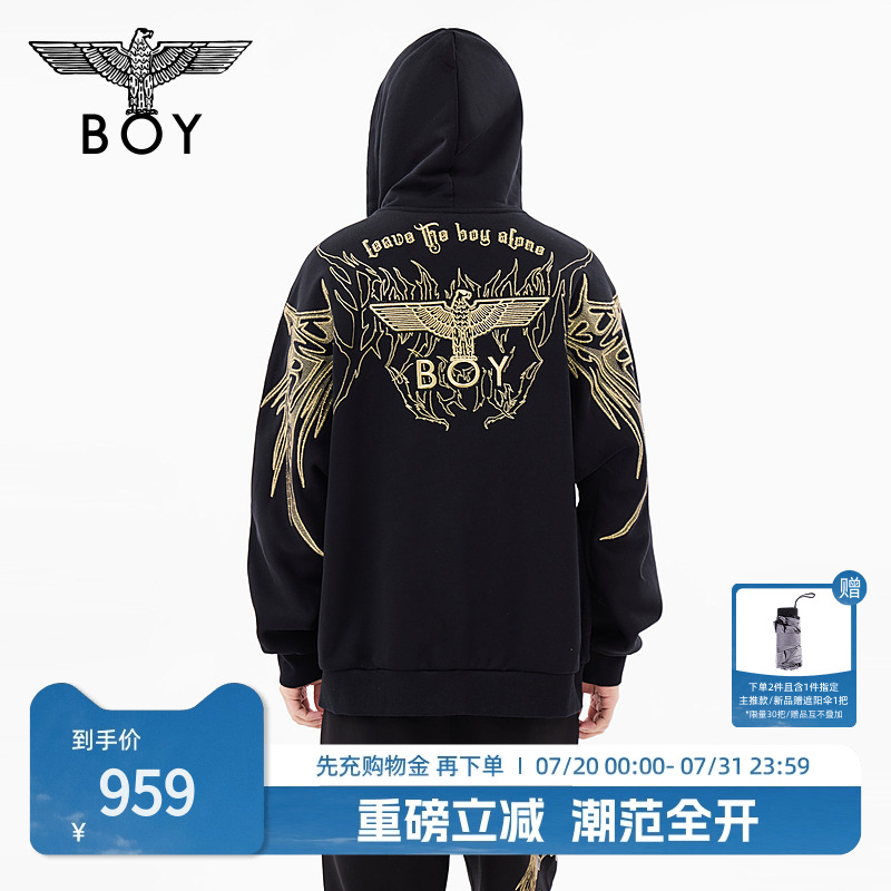 BOYLONDON冬男女同款黑金烫钻针织连帽开衫卫衣外套N06023