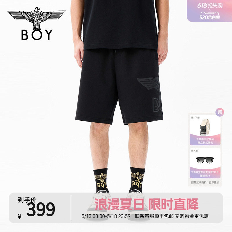 BOYLONDON时尚潮牌黑色老鹰印花短裤2026夏季新款男女裤