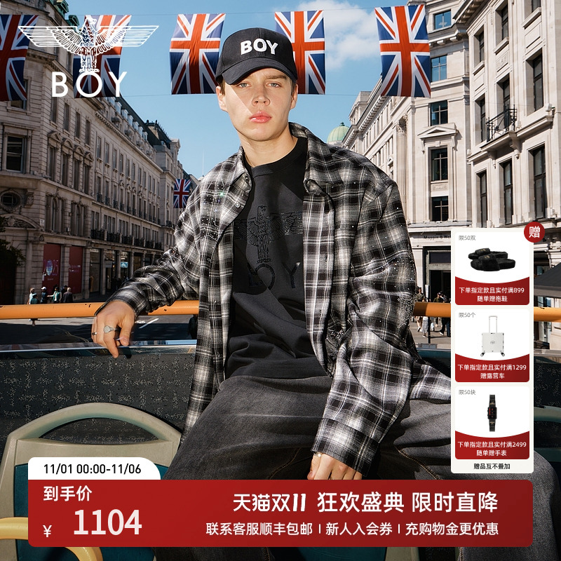 BOYLONDON2025秋季新款格子烫钻潮牌休闲情侣款长袖衬衫N21038