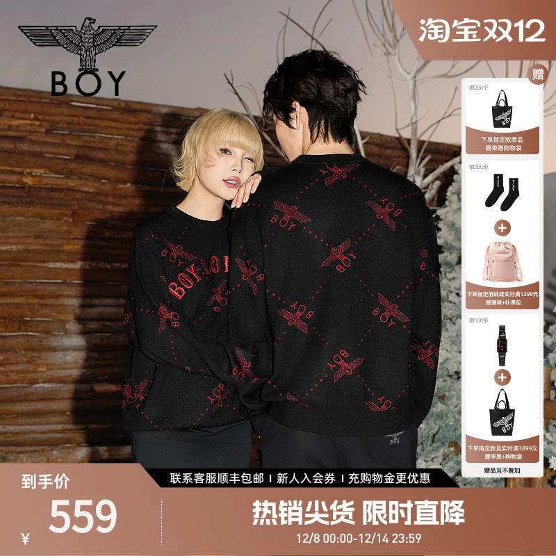 BOYLONDON秋季提花潮牌毛衣黑色男女款圆领套头毛衫针织衫N60908