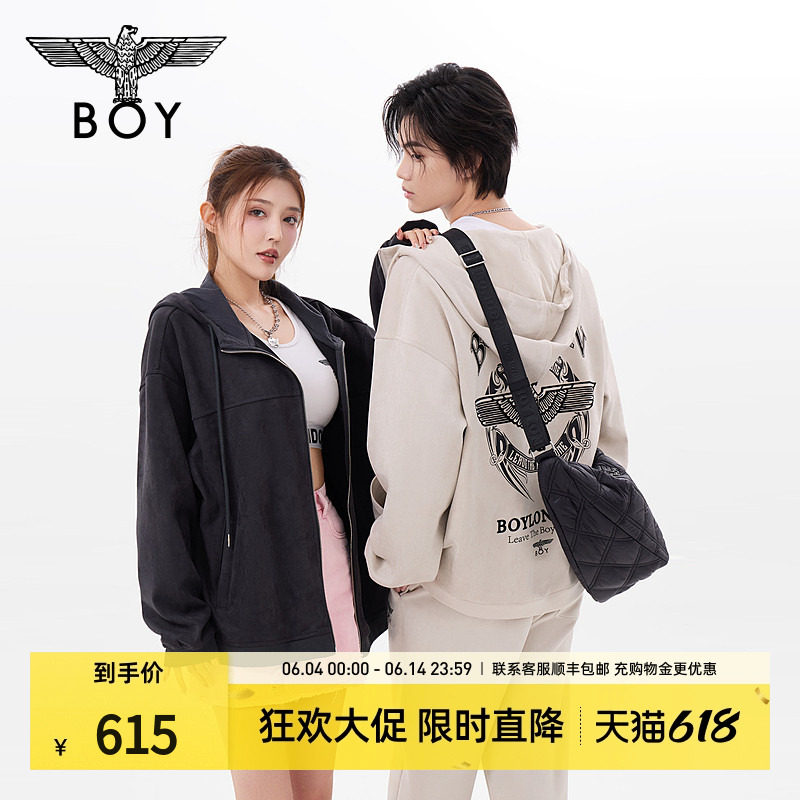 BOYLONDON春季潮牌男女同款复古运动风连帽卫衣开衫外套N06902