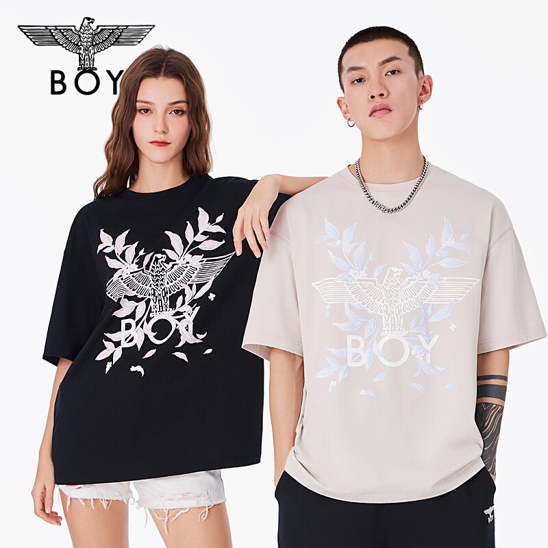 BOYLONDON24新品夏男女同款短袖月桂logo印花设计感休闲T恤N01009