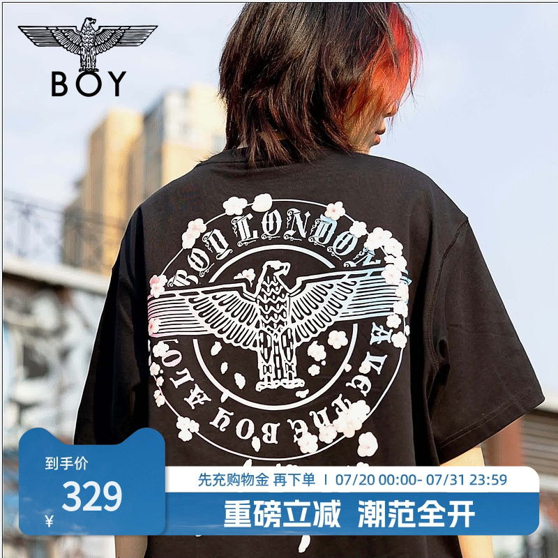 BOYLONDON潮牌短袖男女同款夏季渐变印花圆领黑色T恤N01740