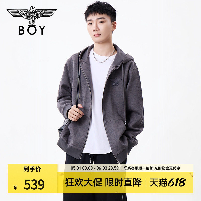 BOYLONDON春季情侣款潮牌提花休闲时尚连帽卫衣开衫外套N06006