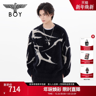 BOYLONDON冬情侣款 荆棘撞色仿貂毛宽松保暖套头毛衣N60027