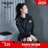 BOYLONDON春季 女士短外套logo印花百搭黑色休闲连帽外套W23001