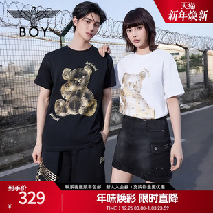 短袖 情侣款 BOYLONDON夏季 印花百搭宽松圆领T恤N01019 闪耀小熊