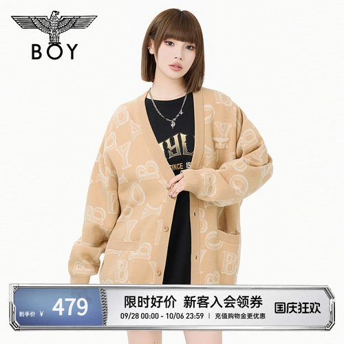 BOYLONDON秋冬V领慵懒风情侣老钱提花潮牌针织毛衣开衫外套N64021