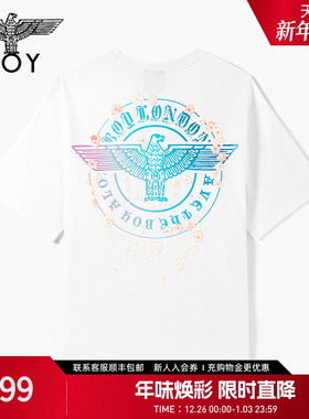 BOYLONDON夏男女同款短袖樱花图案炫彩鹰标时尚百搭潮牌T恤N01740