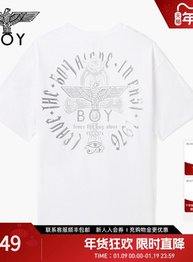 BOYLONDON春夏男女同款白色植绒老鹰印花潮牌针织短袖T恤N01050