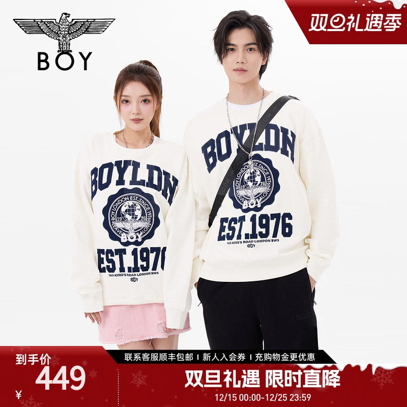 BOYLONDON春季情侣款美式学院风休闲印花圆领套头卫衣长袖N