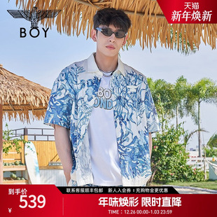情侣款 BOYLONDON春季 短袖 蓝色满印印花时尚 外套 衬衫 珊海漫步
