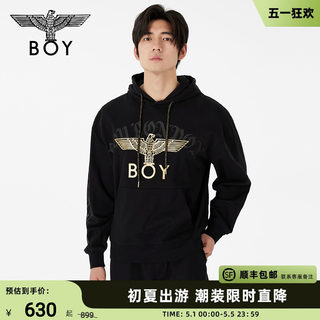 BOYLONDON秋冬男女同款烫金翅膀宽松黑色潮牌连帽套头卫衣N04011