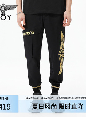 BOYLONDON潮牌休闲裤情侣款老鹰印花黑色卫裤痞帅炸街裤子N34006