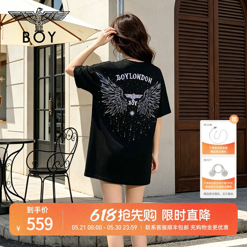 BOYLONDON潮酷机能炫彩黑紫色翅膀印花女连衣裙26年夏T恤