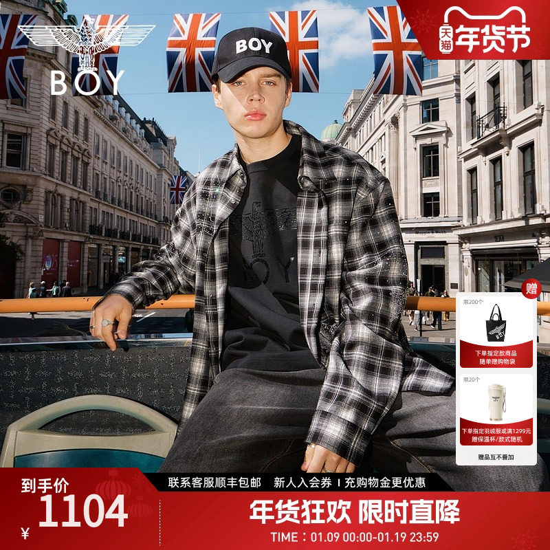 BOYLONDON复古黑白格子潮牌烫钻休闲春季男女同款长袖衬衫N21038