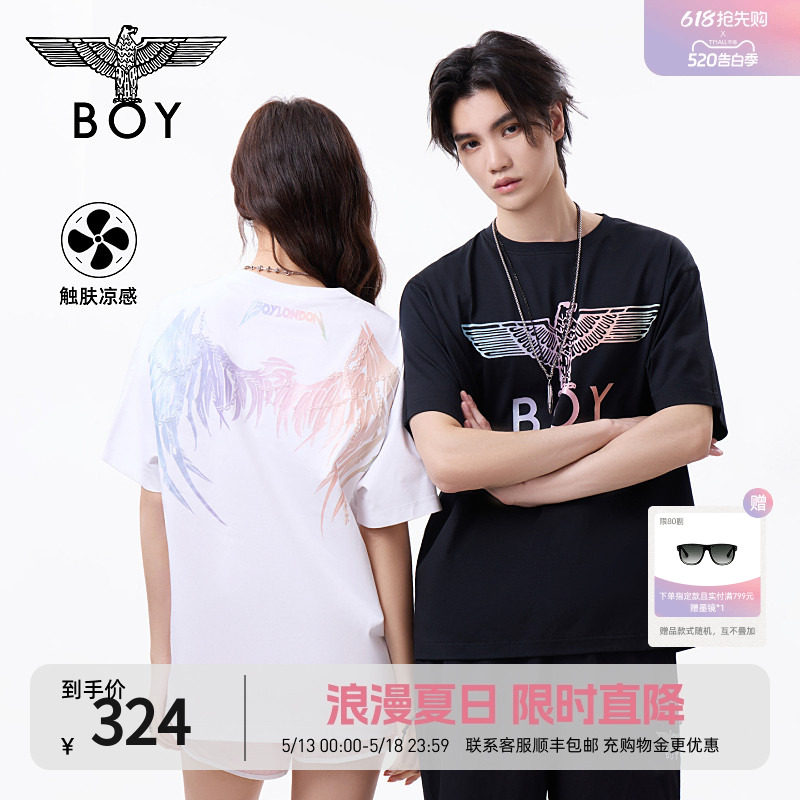BOYLONDON夏季情侣款凉感炫彩翅膀印花潮牌短袖T恤N019