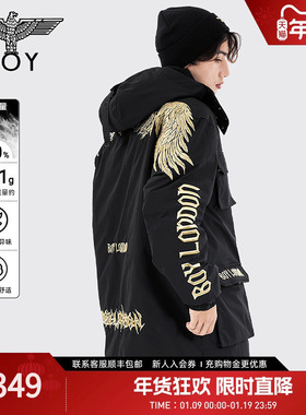 BOYLONDON冬季情侣款羽绒服烫金翅膀刺绣保暖连帽长款外套N26003