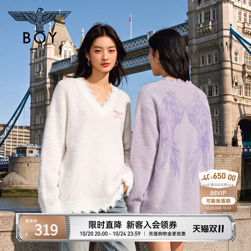 【柔雾天使】BOYLONDON秋季仿貂绒潮牌女款V领长袖针织毛衣