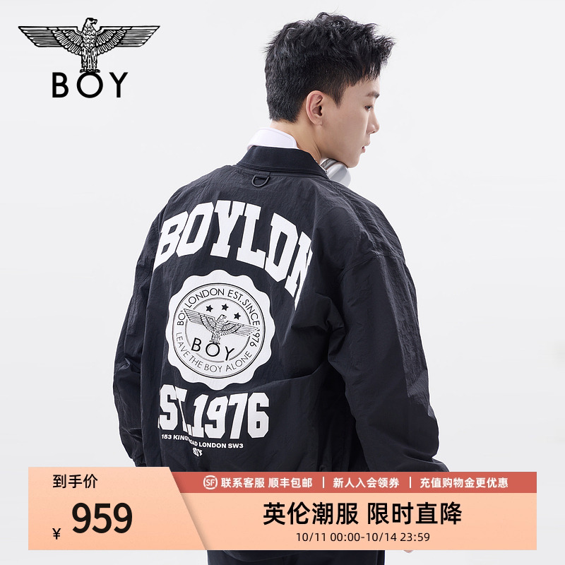 BOYLONDON秋男女同款夹克学院风印花黑色潮牌棒球领外套N23004