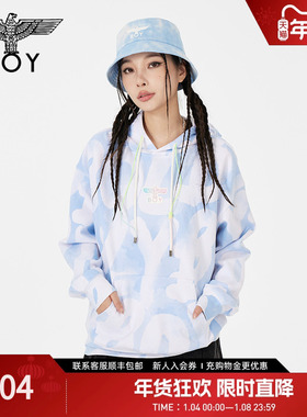 BOYLONDON春季情侣装潮牌街头潮酷宽松满印连帽套头卫衣N04001