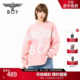 BOYLONDON男女同款 潮牌休闲粉色印花针织套头卫衣N03901 圆领春季