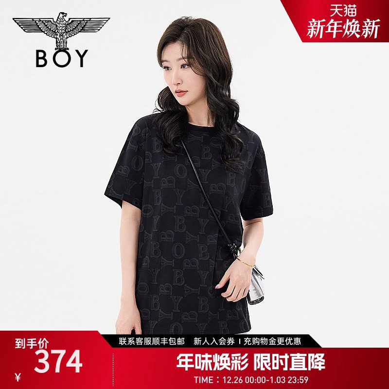 BOYLONDON男女同款短袖字母老花满印黑色潮牌T恤N0112