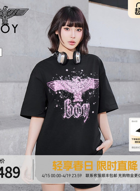 【暗夜星辰】BOYLONDON夏季情侣款短袖烫钻老鹰logo潮牌T恤N01003