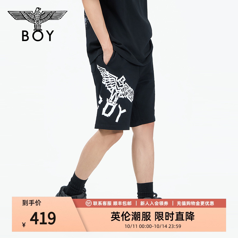 BOYLONDON春男女同款针织短裤老鹰侧边胶印直筒裤N14983