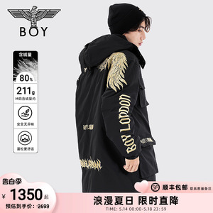 BOYLONDON冬季情侣款羽绒服烫金翅膀刺绣保暖连帽长款外套N26003