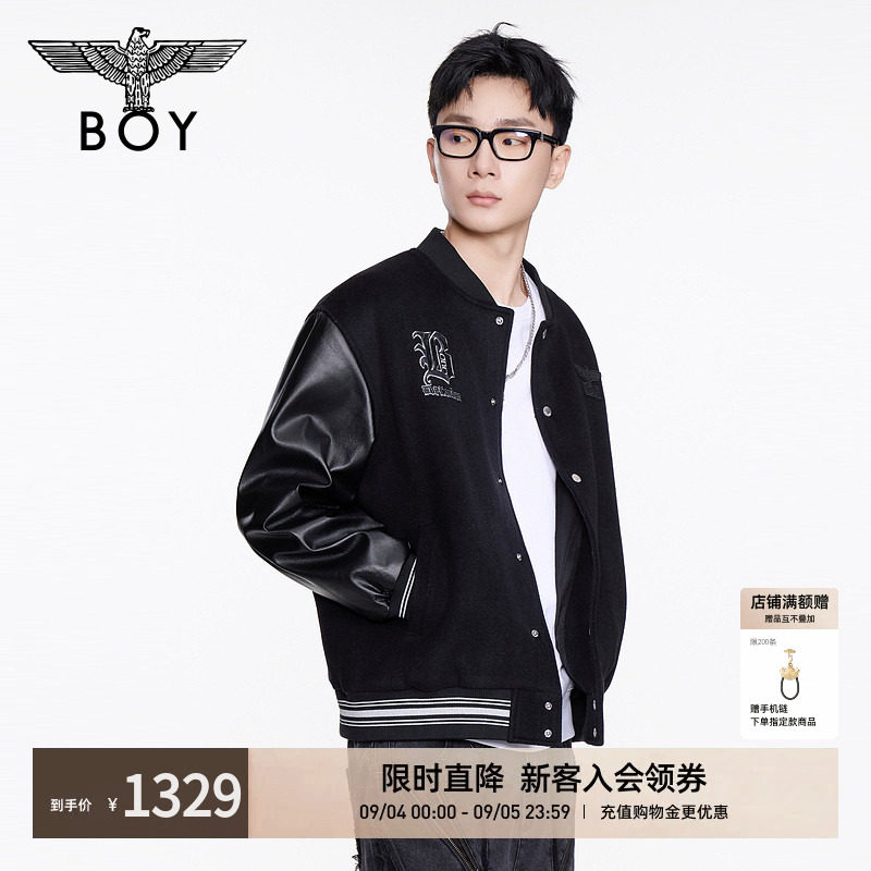 BOYLONDON秋季男女同款街头潮牌刺绣棒球领夹克仿皮外套N23075