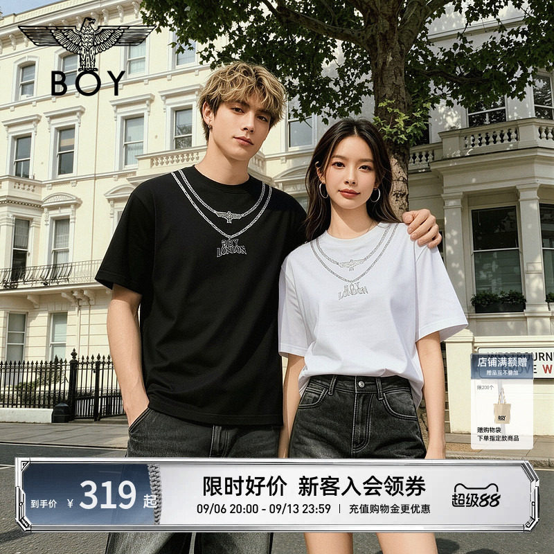 BOYLONDON夏季时尚仿珍珠链条印花短袖2026年女款潮牌T恤W01913图片