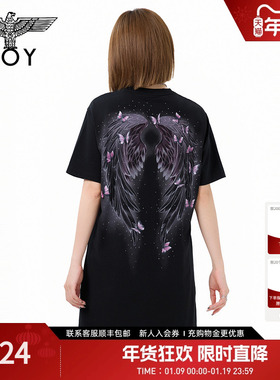 BOYLONDON蝴蝶大翅膀黑色圆领时尚休闲潮牌T恤式女款连衣裙W17019
