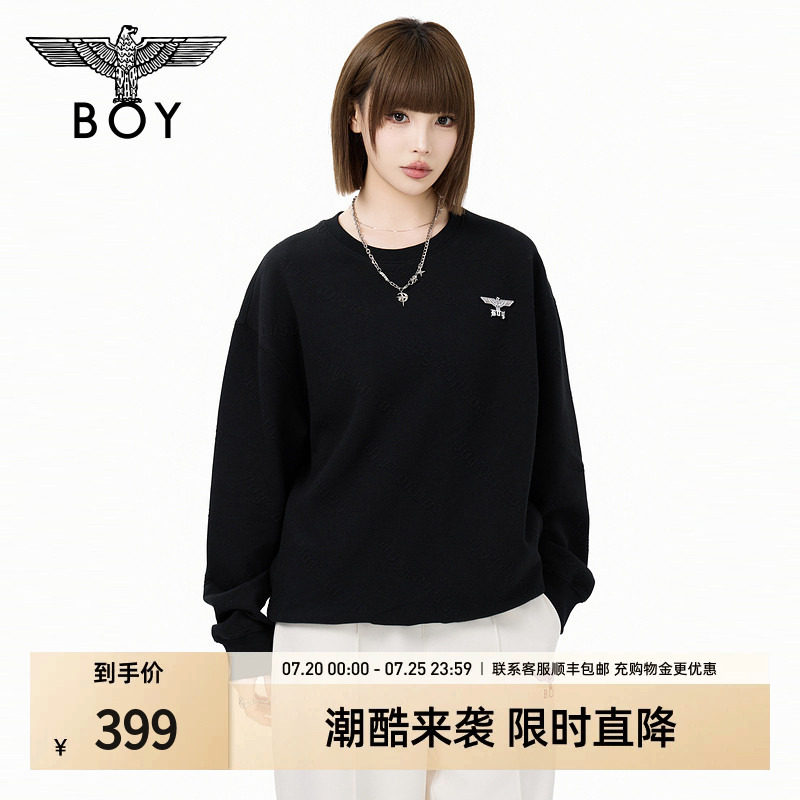 【隐序暗纹】BOYLONDON街头潮牌提花情侣款圆领套头卫衣N03065