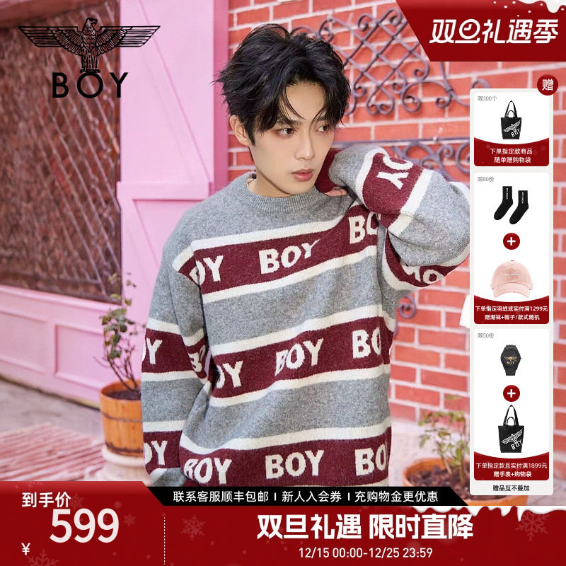 BOYLONDON2025新款春圆领情侣混纺条纹撞色套头针织毛衣