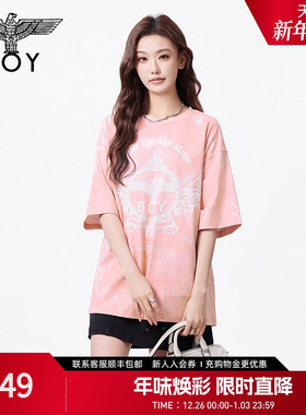 BOYLONDON粉色印花翅膀时尚潮牌休闲短袖夏季男女同款T恤N01130