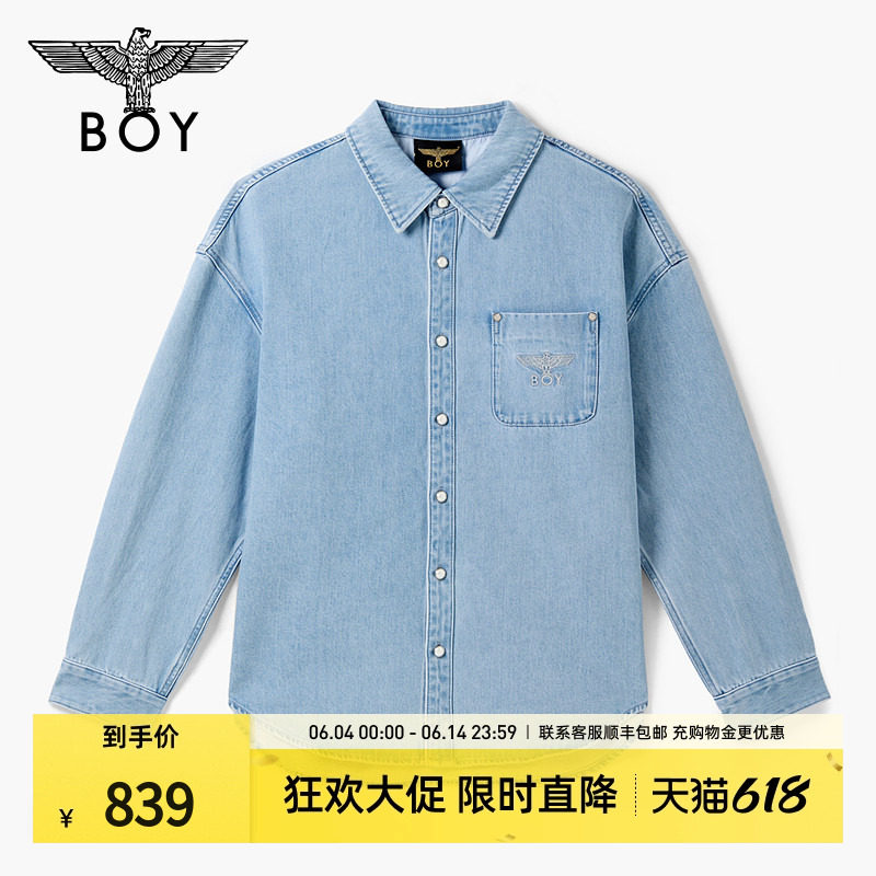 BOYLONDON男女同款春季外套翅膀刺绣牛仔宽松百搭长袖衬衫N48005