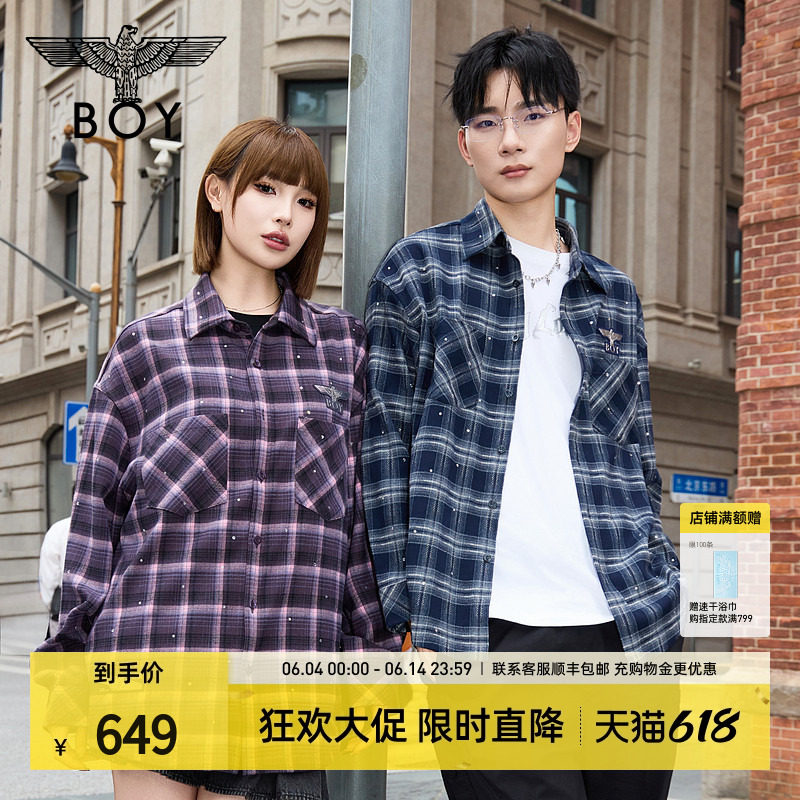 【月满星辰】BOYLONDON潮流撞色格子长袖衬衫春季男女同款N21903